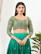 Joban Fashion Green Multi Silk Padded Blouse With Sweetheart Neck 3/4 Sleeves - Distacart