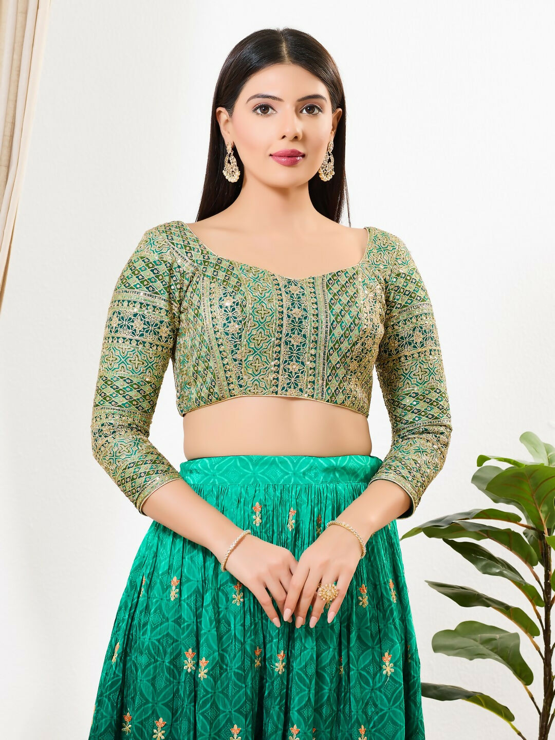 Joban Fashion Green Multi Silk Padded Blouse With Sweetheart Neck 3/4 Sleeves - Distacart