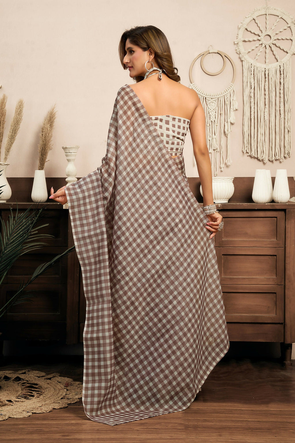 Joban Fashion Beige Checked Linen Ready To Wear Saree With Unstitched Blouse - Distacart
