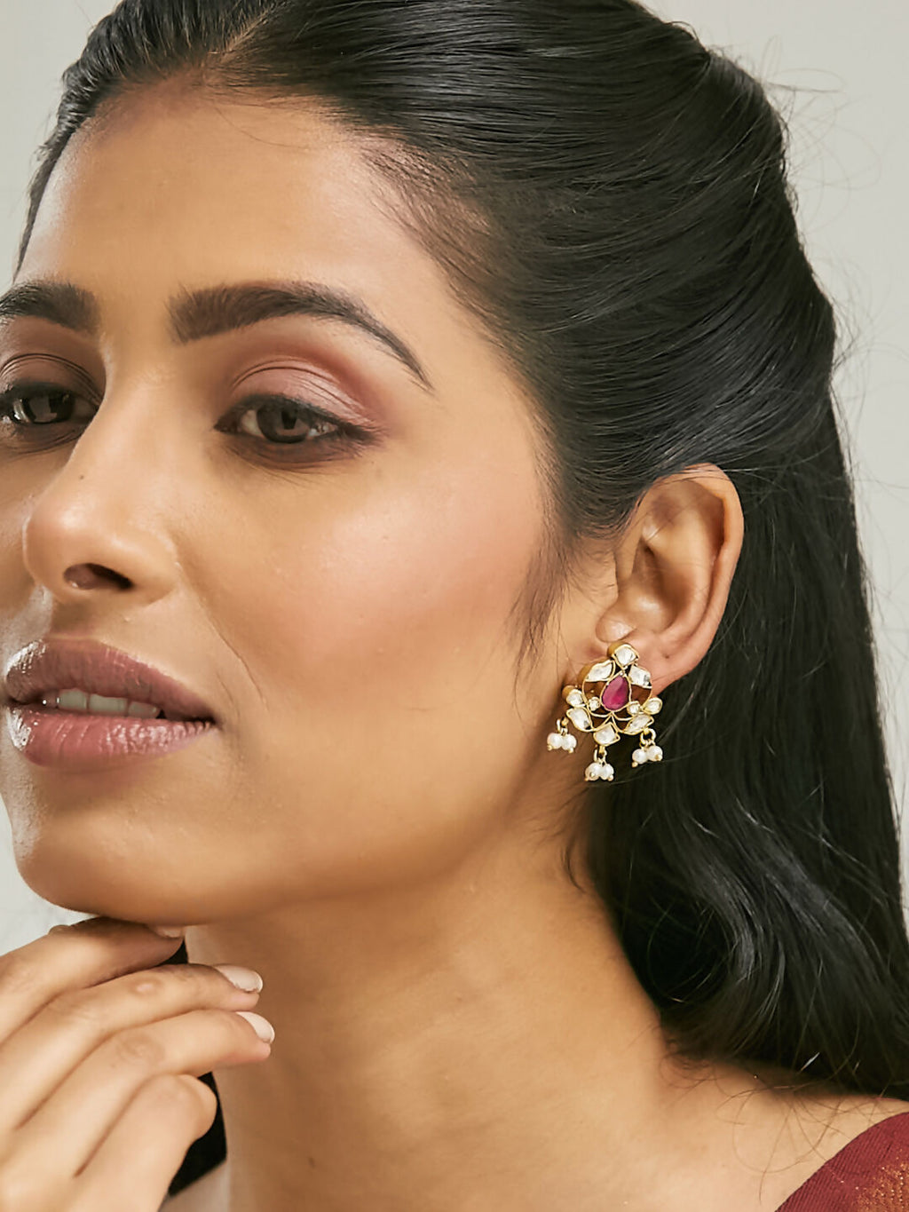 Nuyug 22K Gold-Plated Elegant Kundan & Ruby Stone Studded & Beaded Studs - Distacart