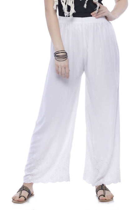 Mominos Fashion Rayon Cotton White Embroidery Chikan Palazzo