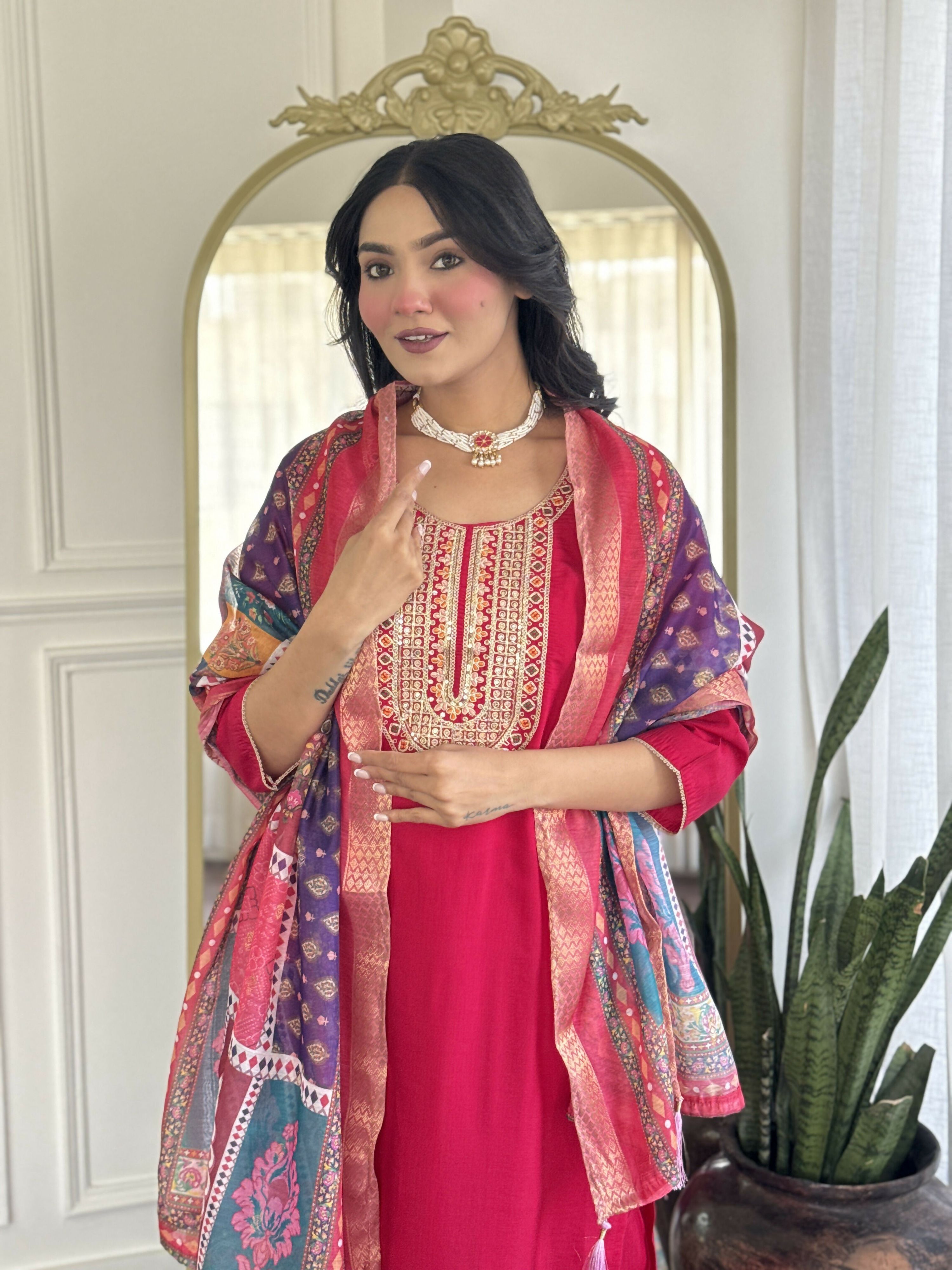 The52 Rani Gorgeous Embroidered Chanderi Silk Fabric Straight Kurta Pant with Dupatta Set - Distacart