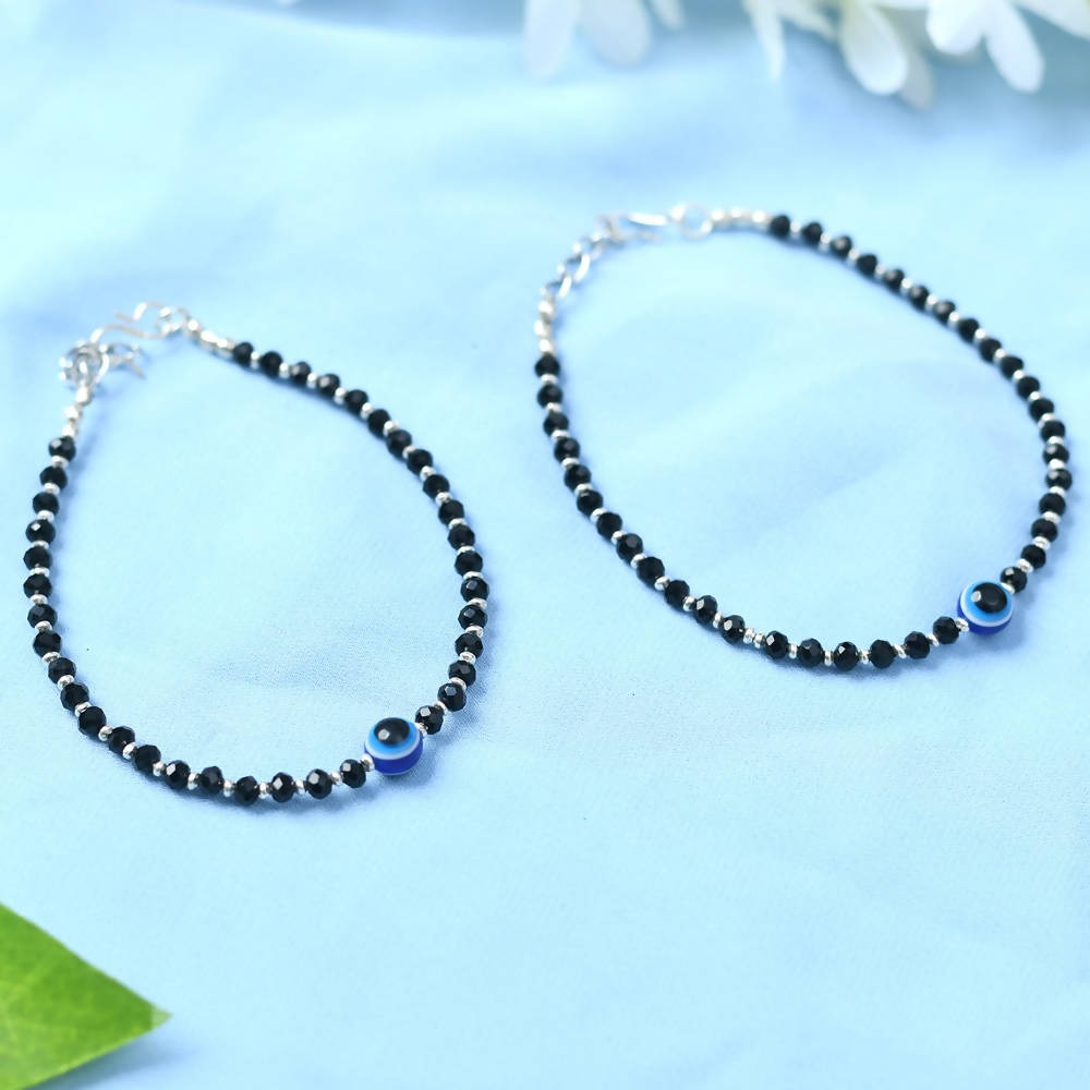 Mominos Fashion Kamal Johar Nazariya Silver With Black Crystals Anklets