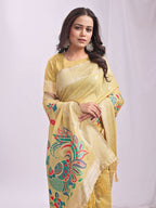 Shree Shyam Fashion Linen Cotton Yelllow Saree - Distacart