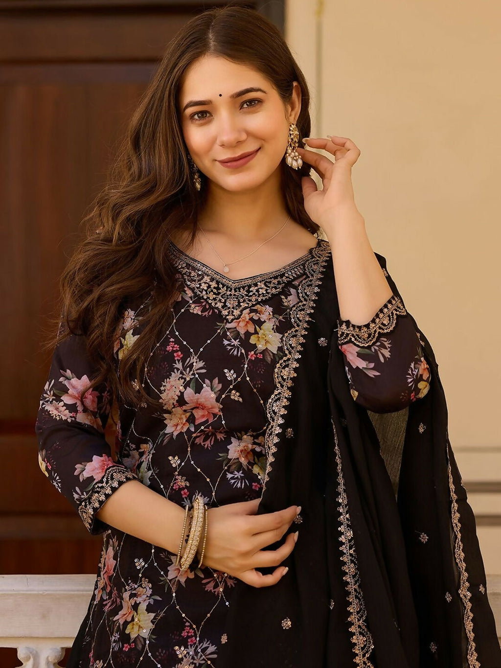 The52 Black Women's Gorgeous Embroidered Chinon Fabric Straight Kurta Palazzo and Dupatta Set - Distacart