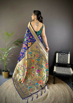Joban Fashion Blue Zari Woven Floral Motifs Soft Silk Paithani Silk Saree - Distacart