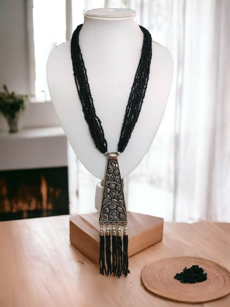 Inhanns Day-To-Dinner Tie Shaped Oxidized Black Metal Multi-Layered Long Only Necklace - Black