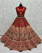 Jyoti Fashion Women's Red Velvet Multi Thread Embroidered with Zircon Diamond Wedding Lehenga Choli