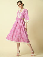 Myshka Women's Pink Floral Printed Fit and Flare Dress - Distacart