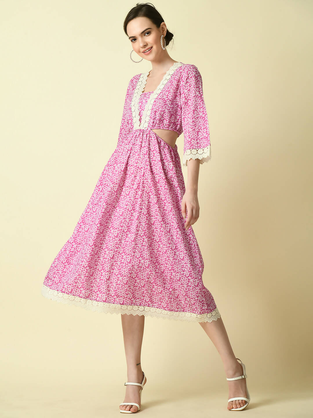 Myshka Women's Pink Floral Printed Fit and Flare Dress - Distacart