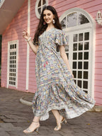 Green Rayon Foil Printed Long Dress - Michan - Distacart