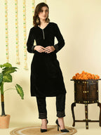 Myshka Women's Black Velvet Kurta With Trousers Party Sets