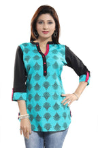 Snehal Creations Luscious Light Rama Cotton Printed Tunic Top With Roll On Sleeves - Distacart