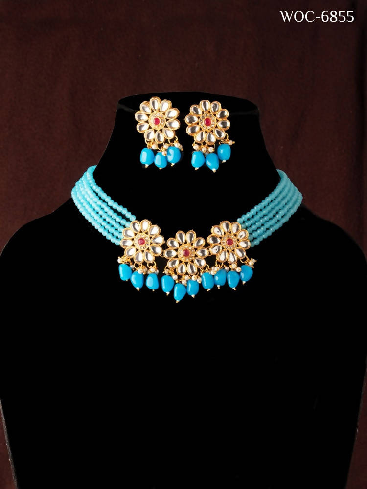 Mominos Fashion Johar Kamal Women's Sky Blue Beads Pearls Gold-Plated Jewellery Set