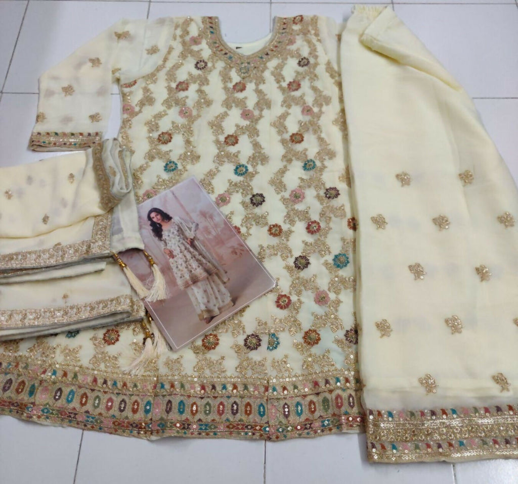 Anaita White Heavy Fox Georgette Stitched Suit with Sequence Work - Distacart
