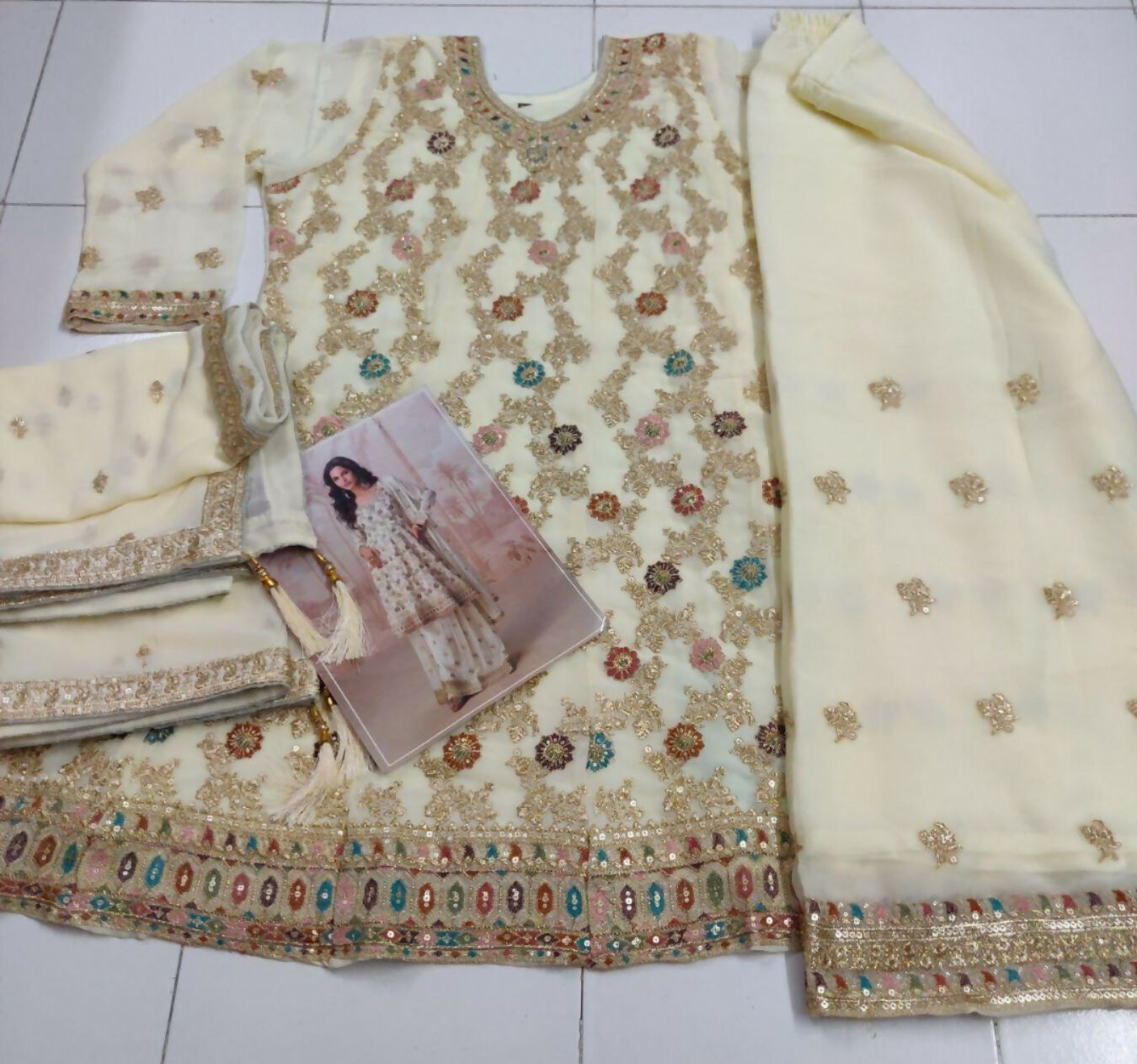Anaita White Heavy Fox Georgette Stitched Suit with Sequence Work - Distacart