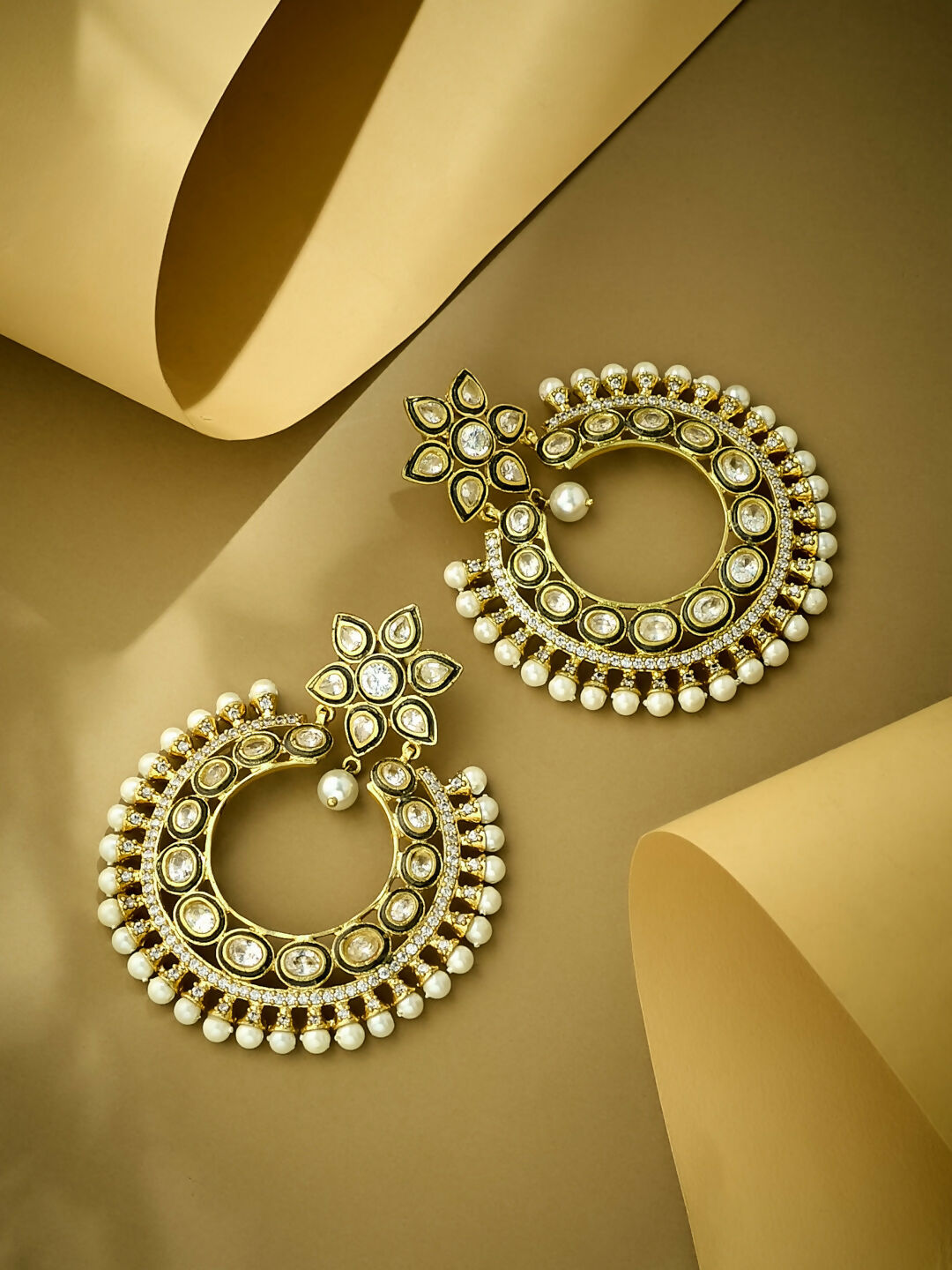 Nuyug 22K Gold-Plated Kundan Studded & Pearl Beaded Floral Chandbali Earrings - Distacart