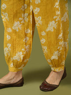 Myshka Women's Yellow Printed Cotton Round Neck Party Tunic With Trousers Co-ord set