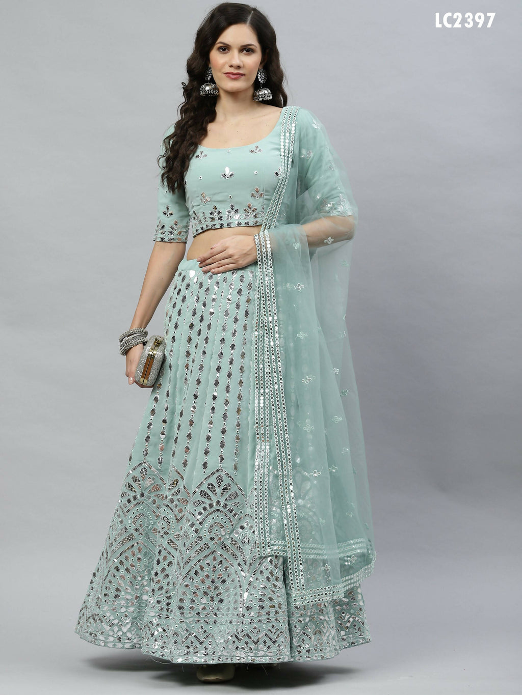 Pista Green Georgette Paper Mirror Embroidery Work Lehenga Choli with Dupatta - Jivika
