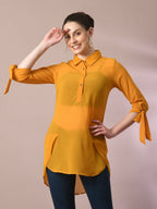 Myshka Women's Yellow Solid Georgette Longline Party Sheer Tunic