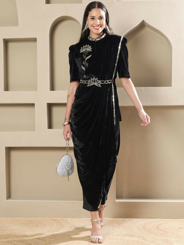 Joban Fashion Women Black Velvet Hand Embellishment Stitched Kurta Set - Distacart