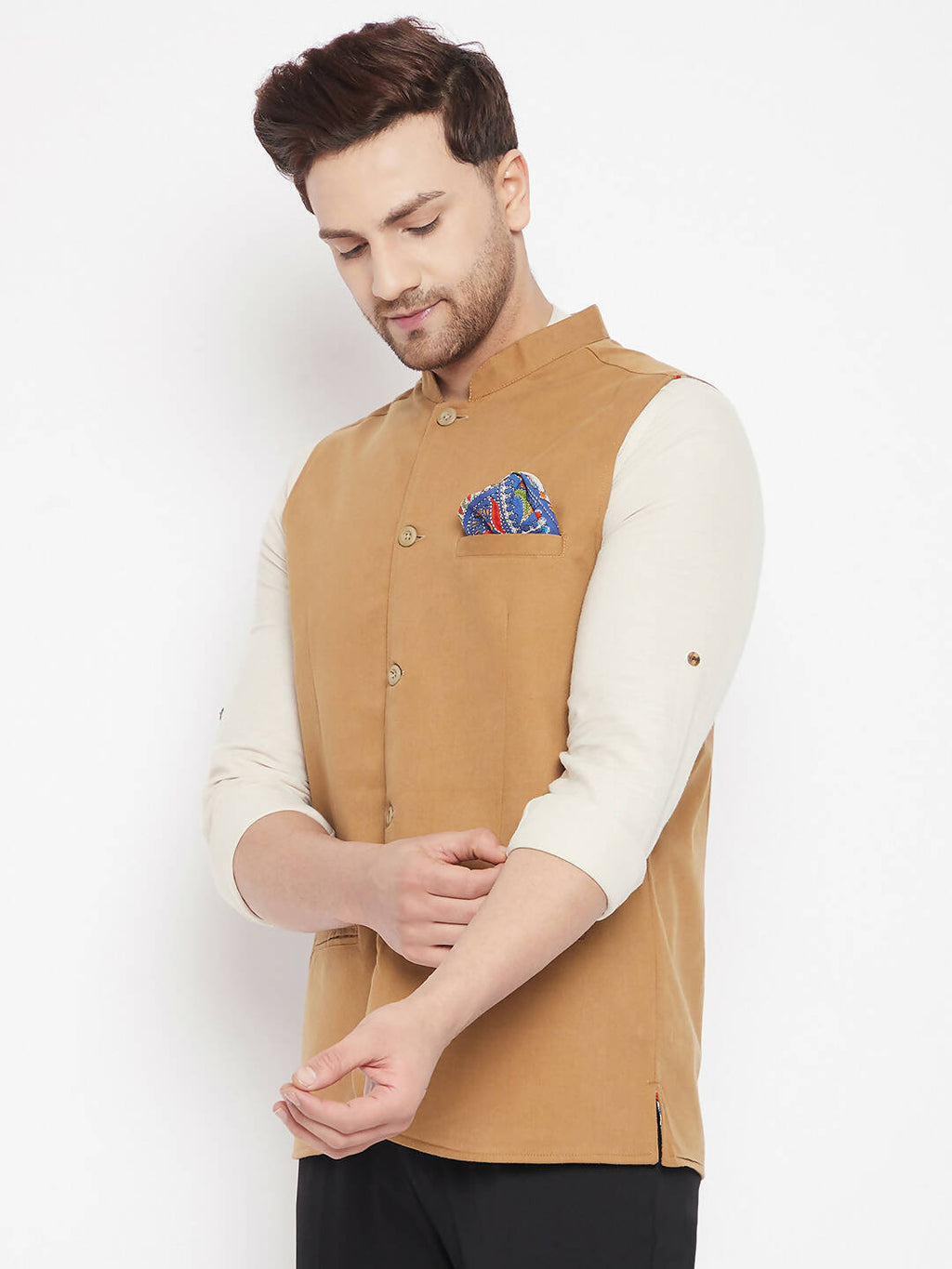 Even Apparels Brown Polyester Men's Nehru Jacket-Contrast Lining-Inbuilt Pocket Square - Distacart