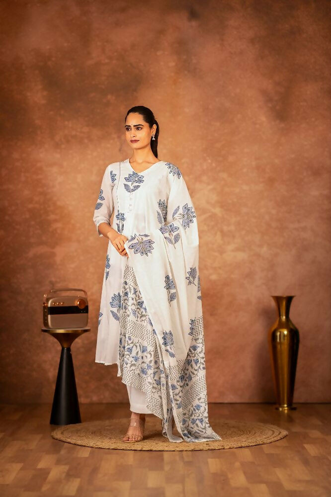 Joban Fashion Off White Blue Hand Block Printed Cotton Suit Set - Distacart