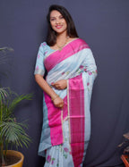 Jyoti Fashion Women's Pink Linen Silk Digital Print with Jacquard Woven Border Saree with Blouse