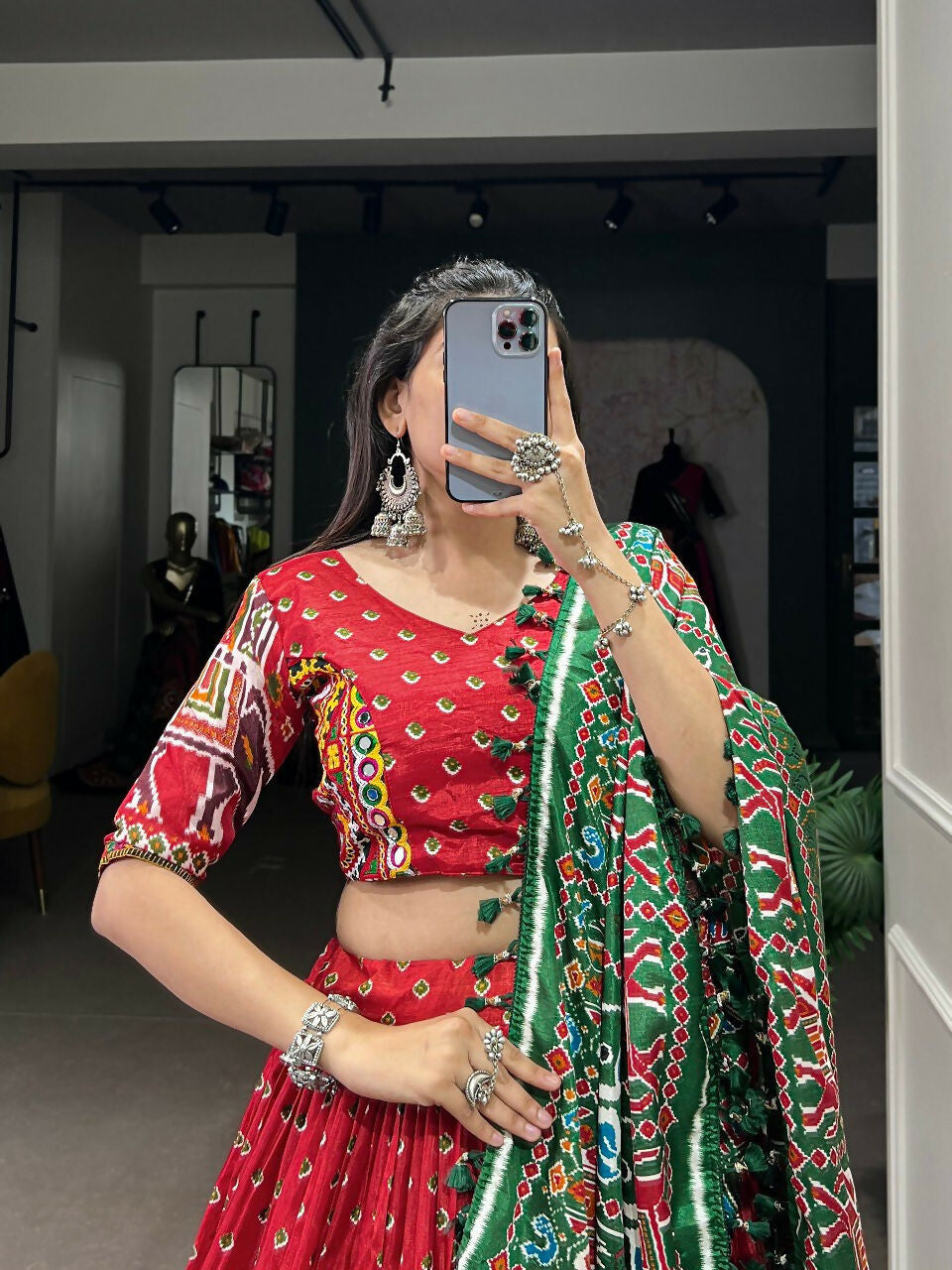 Vastranavya Navaratri Special Dola Silk Patola Print With Gamthi Work Lace Border Lehenga with Stitched Blouse - Red