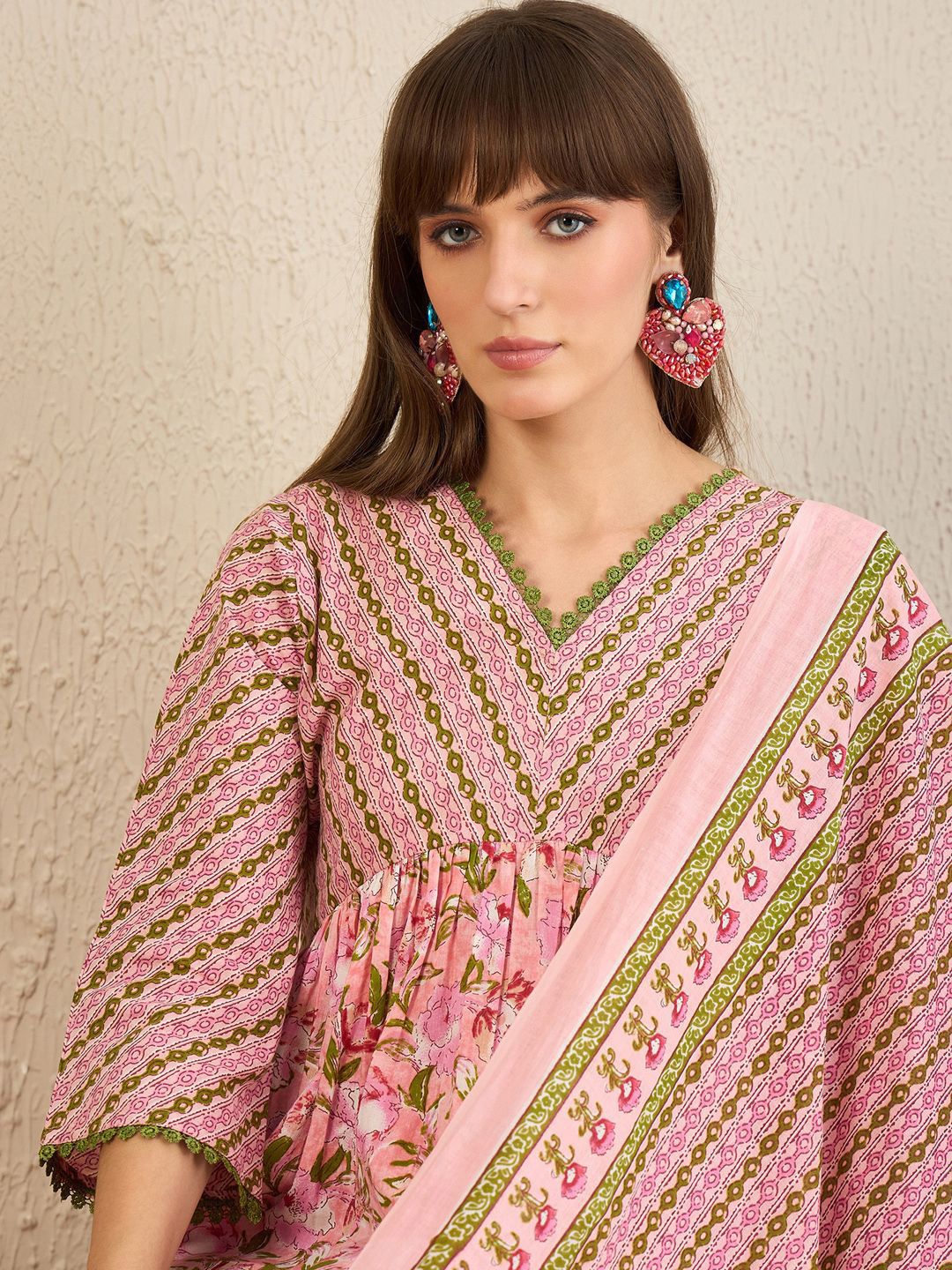 Indo Era Floral Printed Empire Pure Cotton A-Line Kurta With Trousers & Dupatta - Distacart