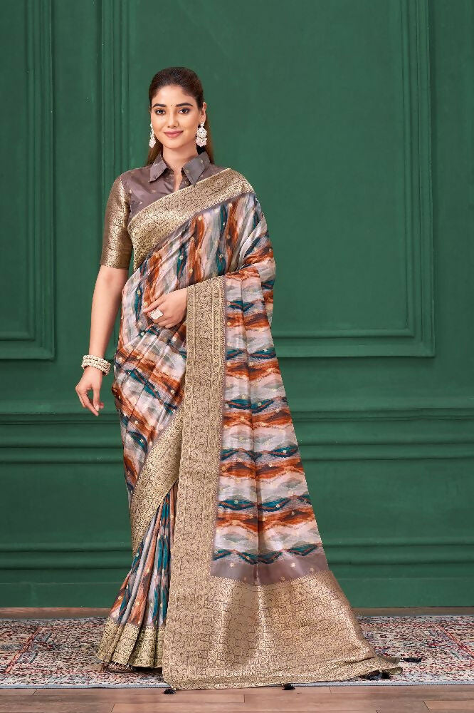 Lilac Purple Tussar Silk Jacquard Abstract Digital Print Saree with Unstitched Blouse - Mohira