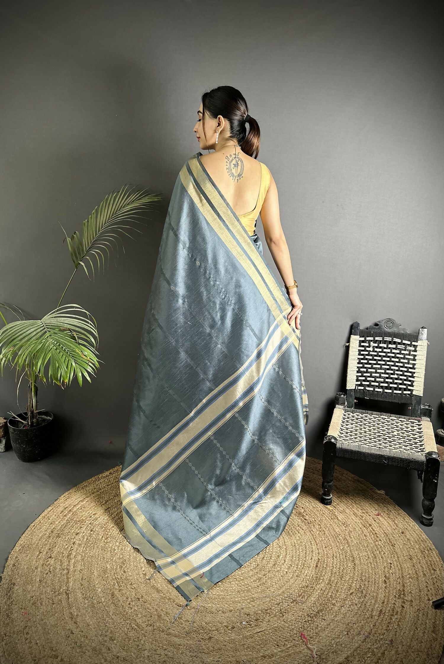 Joban Fashion Dark Grey Woven Pattern Raw Silk Kanjivaram Silk Saree - Distacart