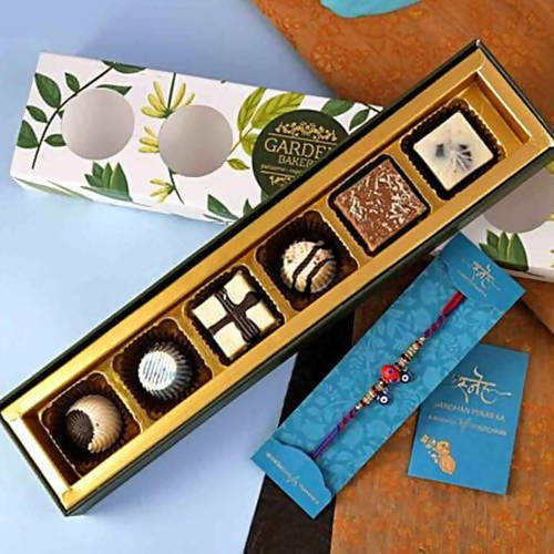 Evil Eye Beads Rakhi & Handmade Chocolate Tray Combo
