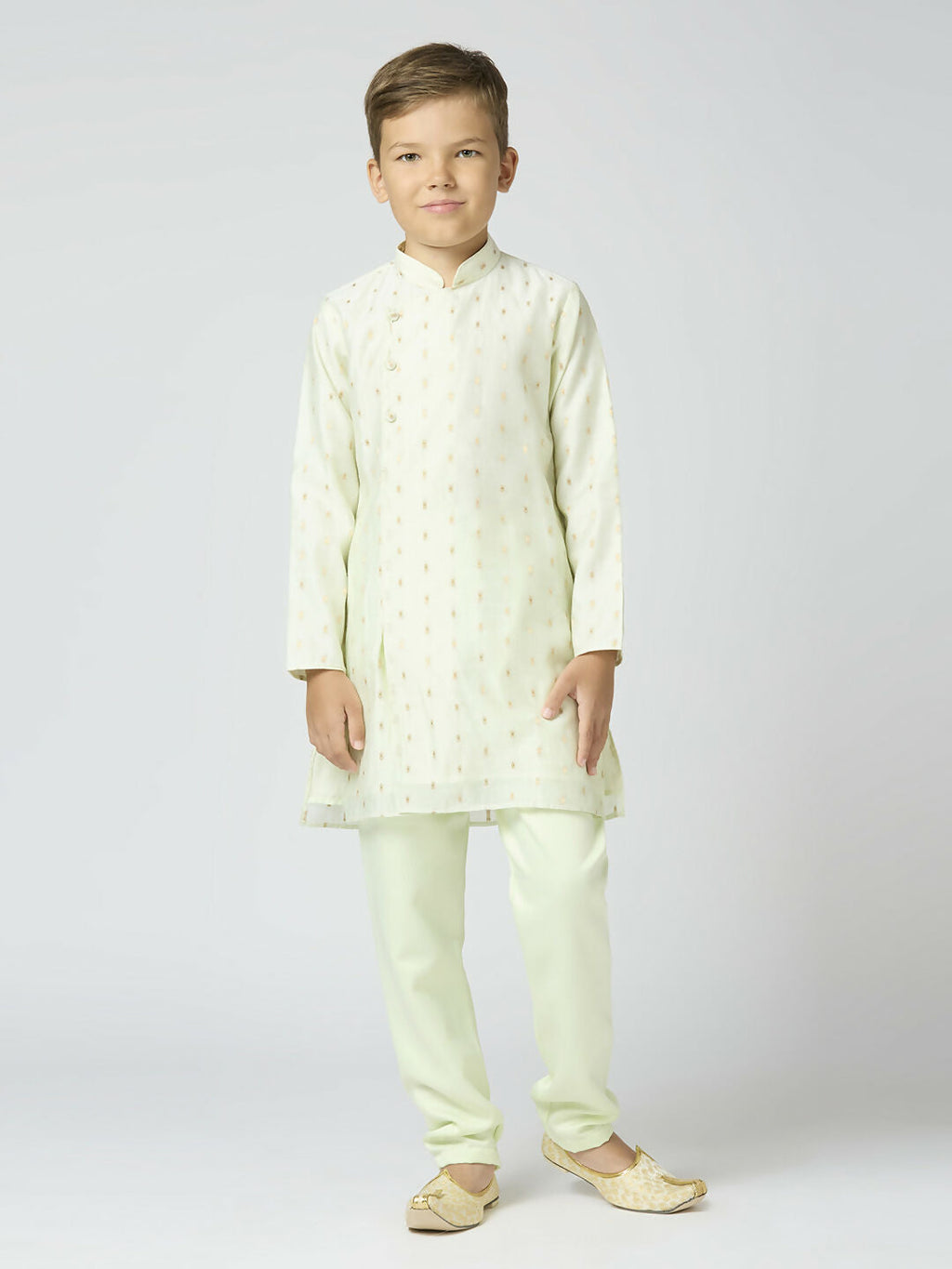 Joban Fashion Kids Island Full Sleeves Chanderi Kurta, Pyjama Set with Traditional Butta Work - Pista - Distacart