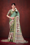 Green Poly Habotai Silk Foil Print Saree with Unstitched Blouse - Kathari