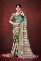 Green Poly Habotai Silk Foil Print Saree with Unstitched Blouse - Kathari