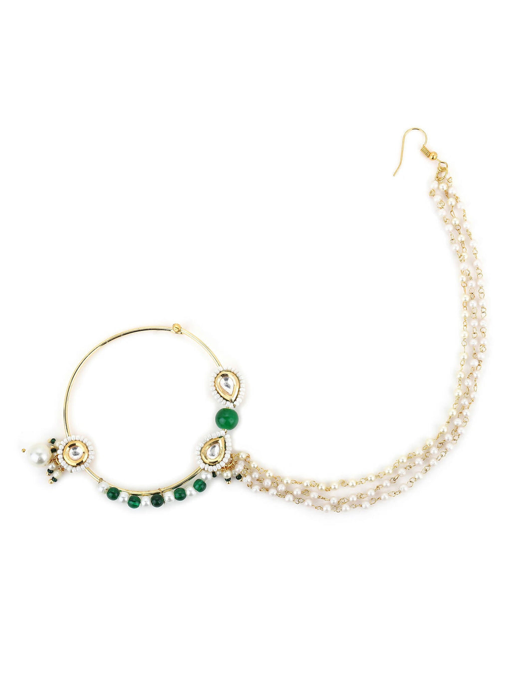 Gold-Plated White Green Kundan-Studded Pearl Beaded Nosepin - Ruby Raang - Distacart