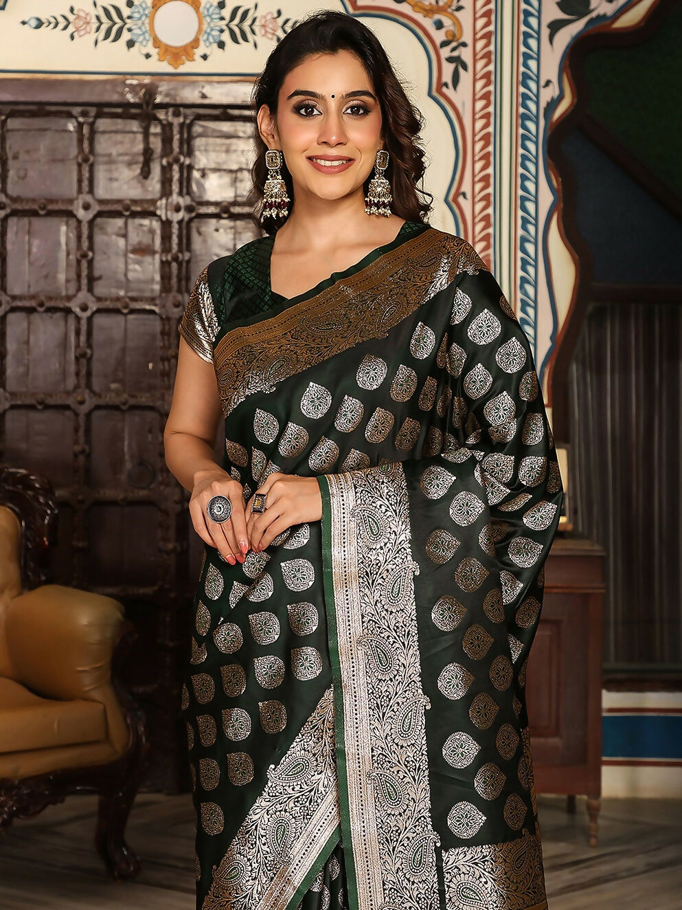 Shree Shyam Fashion Dark Green Silk Saree - Distacart