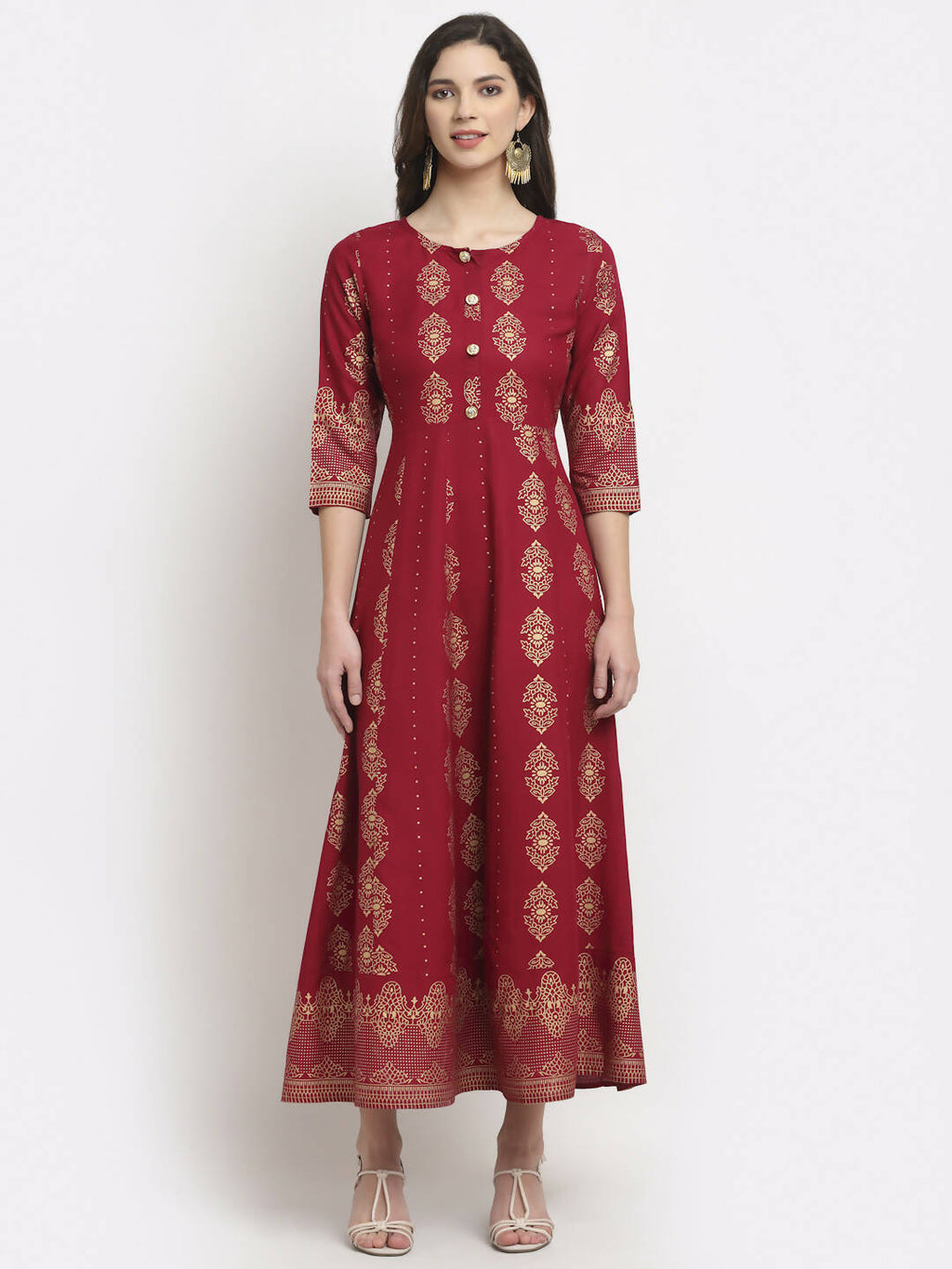 Rudra Bazaar Gold Printed Flared Anarkali Maroon kurti - Distacart
