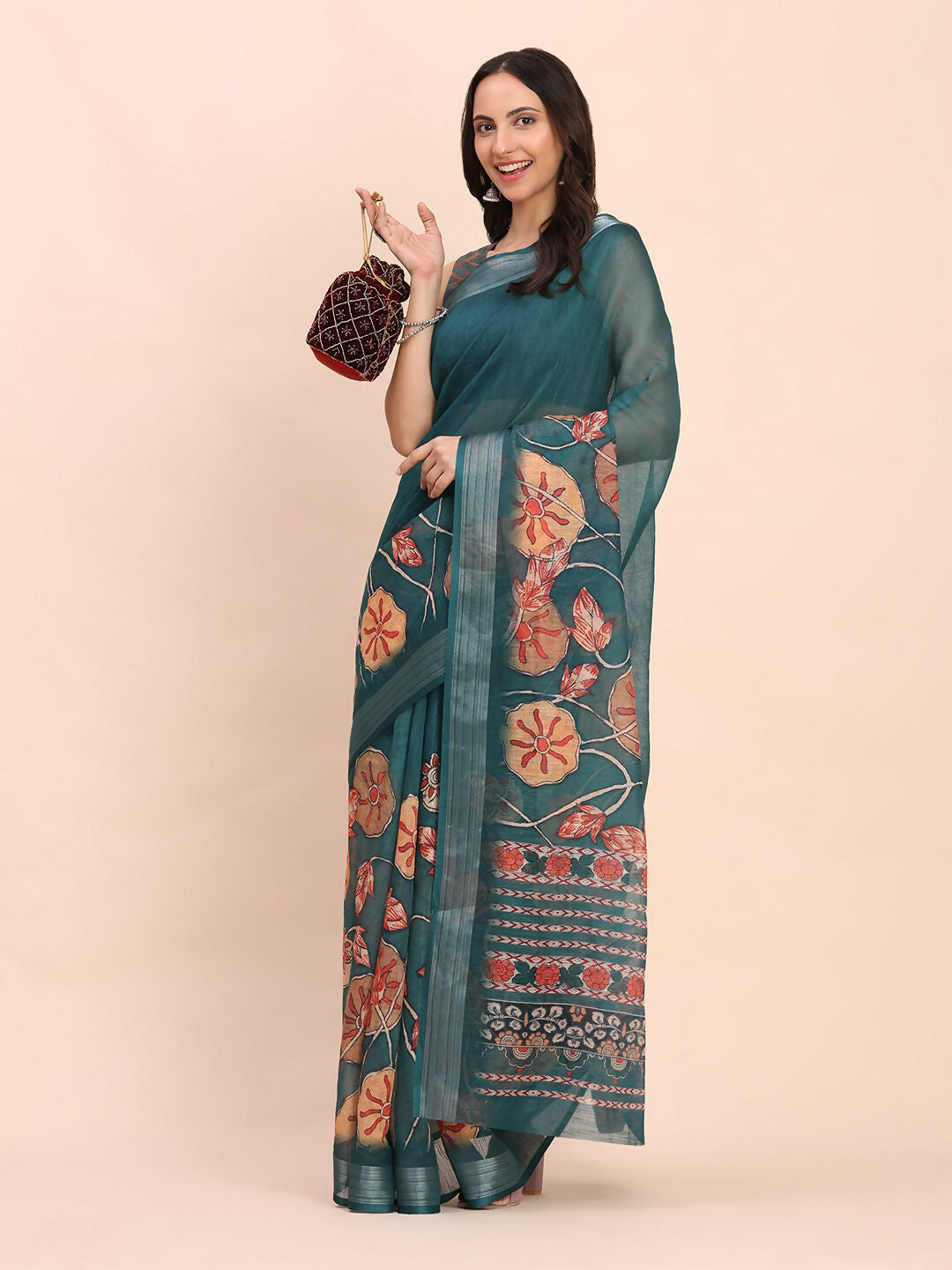 Shree Shyam Fashion Linen Cotton Teal Blue Saree - Distacart