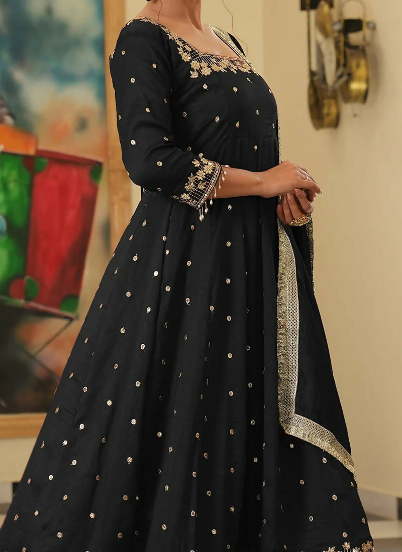 Teeya Creation Black Color Pure Vichitra Silk Embroidery Work Party Wear Gown - Distacart