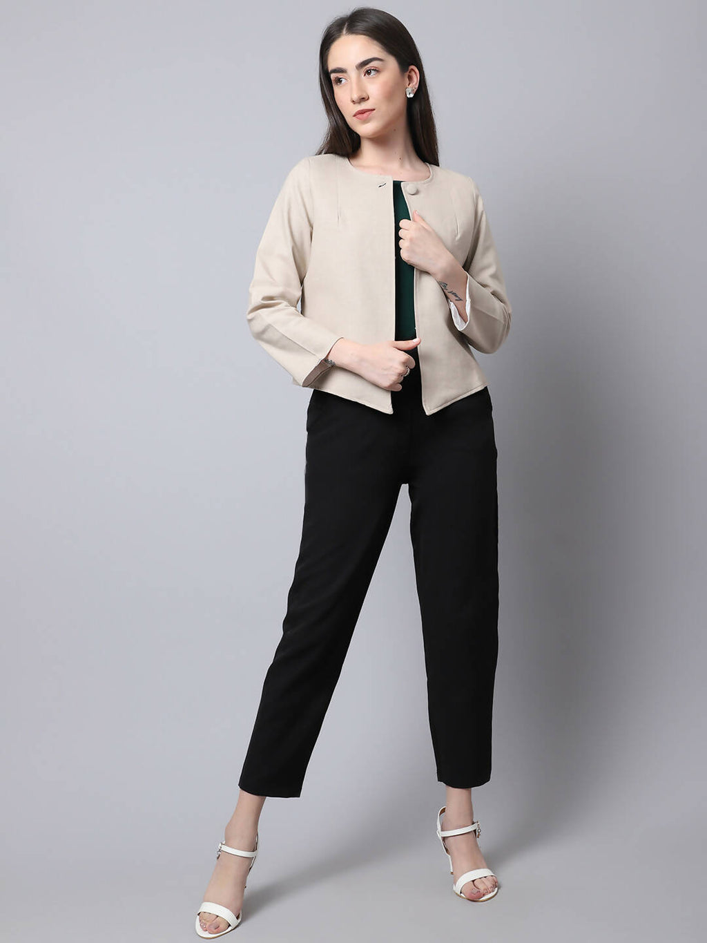 Even Apparels Cream Linen Cotton Open Front Statement Women's Jacket