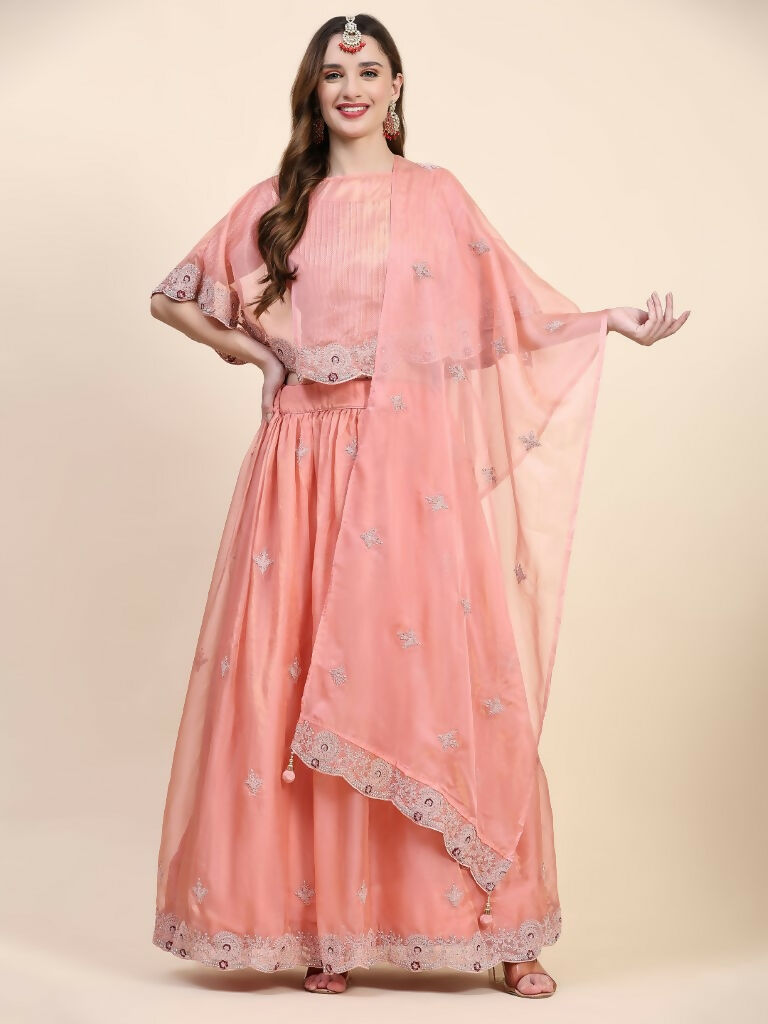 Peach Silk Embroidered Poncho Pattern Top & Lehenga with Dupatta - Tanya
