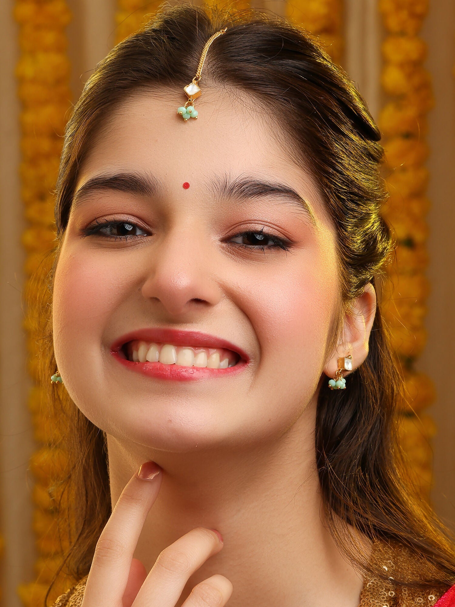 Ruby Raang Set Of Pastel Green Maang Tikka And Earrings - Distacart