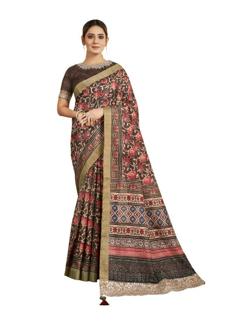 Brown Bhagalpuri Silk Floral Print with Hand work & Stone Work Border Saree - Norita Nirvi - Distacart
