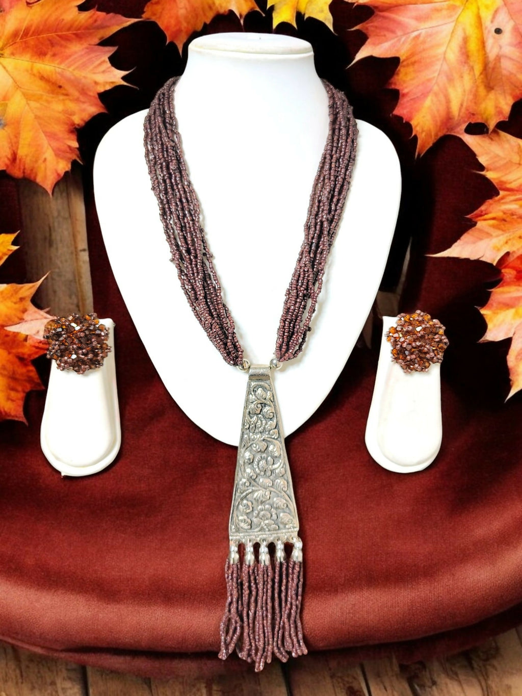 Inhanns Day-To-Dinner Tie Shaped Oxidized Black Metal Multi-Layered Long Necklace Set - Coffee