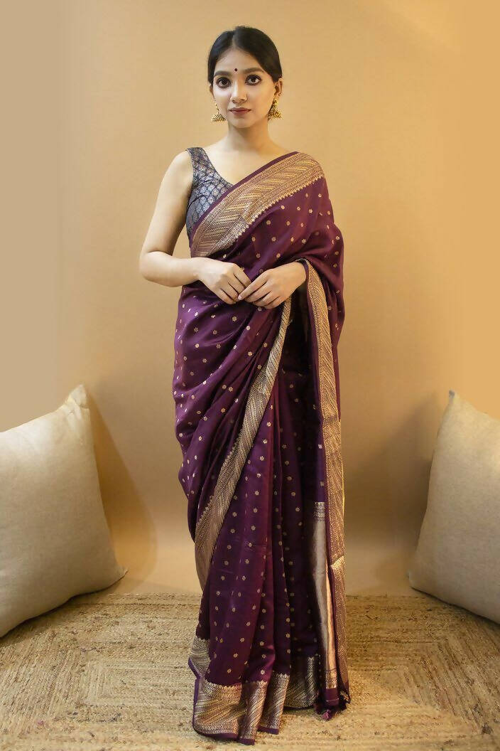 DEIANA'S Beautiful Designer Golden zari Soft Lichi Silk Saree - Wine