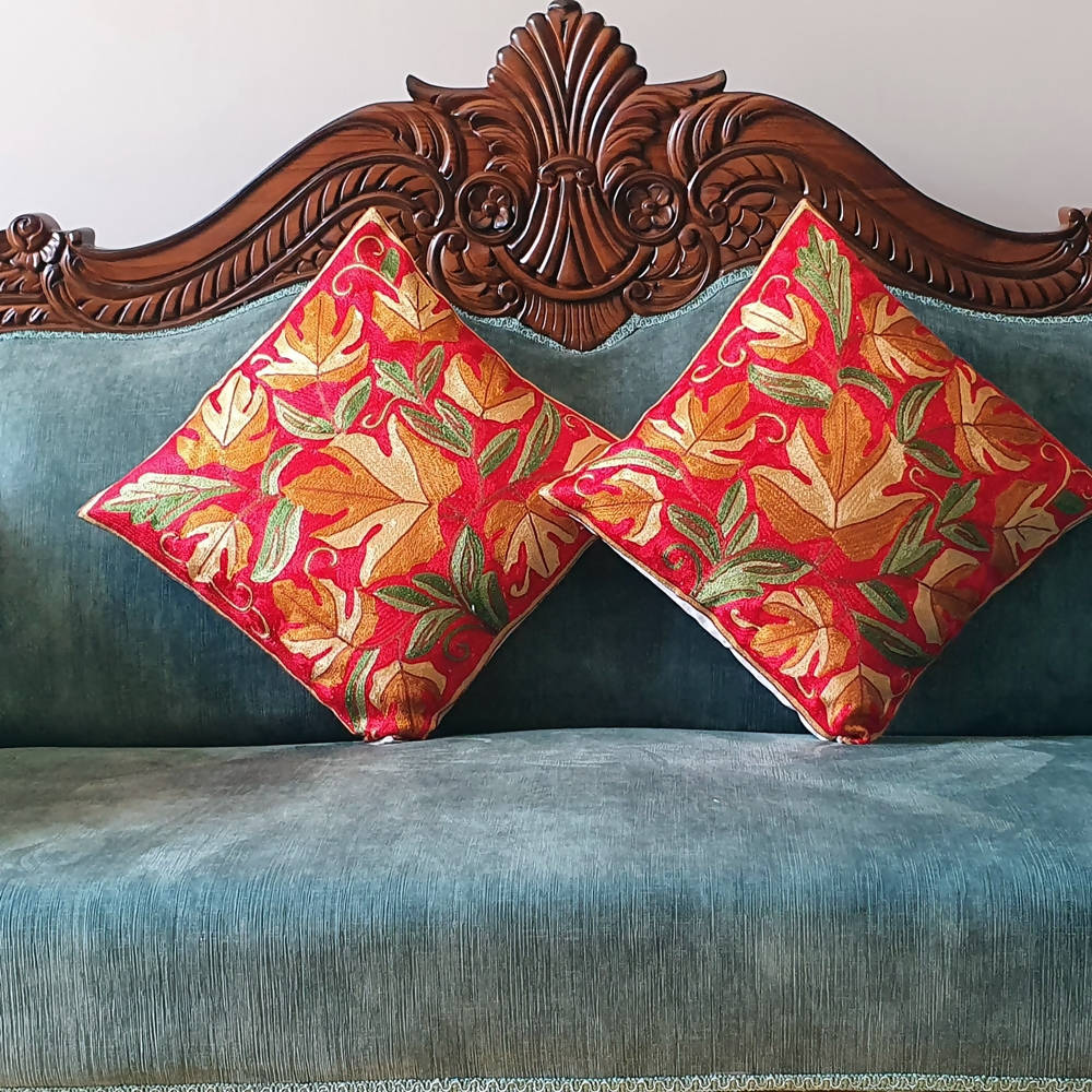 The Decor Nook Hand Embroidered Crewel Cushion Covers in Mustard/ Off White Chinar Leaf Motif with Red Base