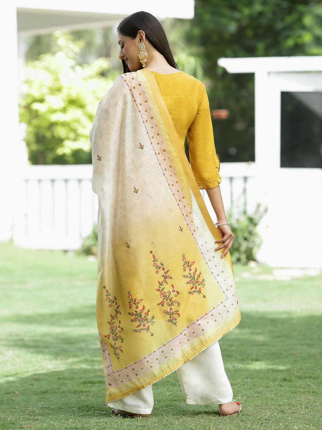 Juniper Mustard Mono Viscose Festive Wear Embroidered Straight Kurta Palazzo Dupatta Set - Distacart