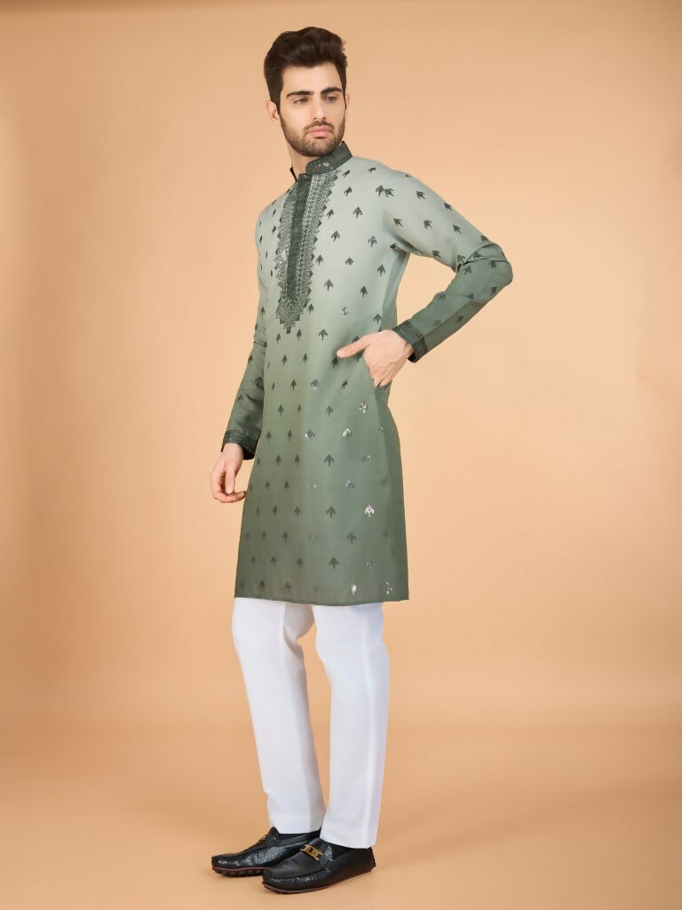 Vastranavya Ombre Green Premium Viscose Silk Thread & Sequence Embroidery work Kurta
